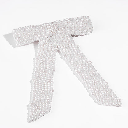 Embellished Pearl Hair Bow Barrette Clip - White