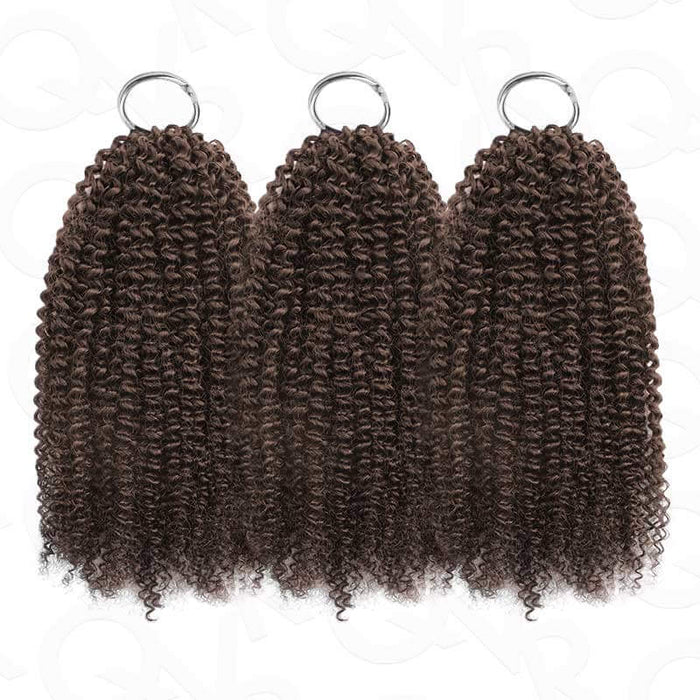 Dark brown afro kinky curly crochet hair extensions, 100% human hair, available in various lengths, ideal for natural hairstyles.