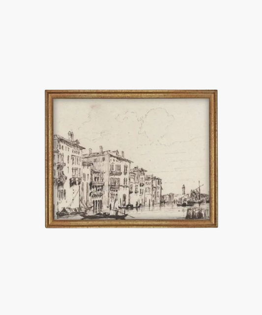 Framed sepia drawing of a Venetian canal scene with historic buildings. Boats float on calm water, evoking a serene, timeless atmosphere. | SW Home