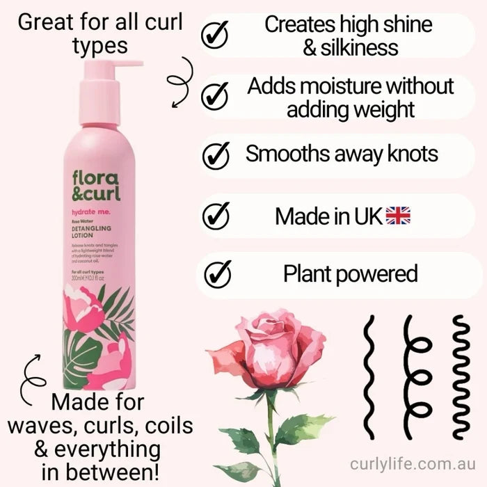 Flora & Curl Rose Water Detangling Leave-In Lotion, moisture layer for curl definition and softness