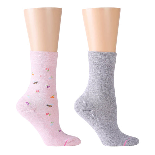 Pink and gray half cushion socks with floral and bee patterns, designed for women.