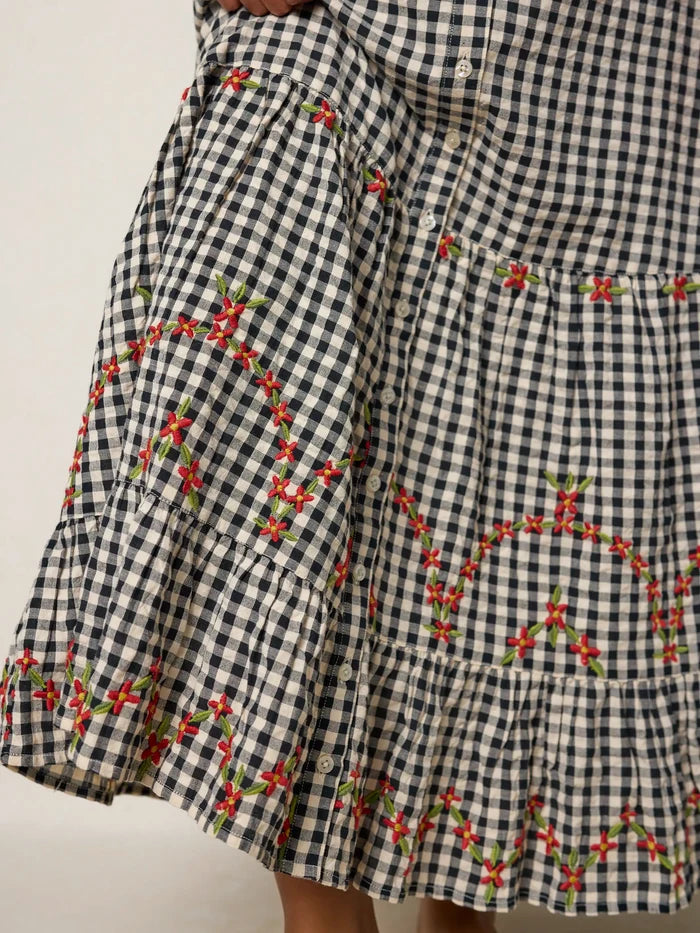 Free Fallin' Embroidered Cotton Maxi Skirt - Black Gingham-view 1