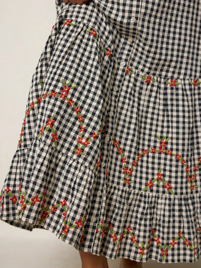 Free Fallin' Embroidered Cotton Maxi Skirt - Black Gingham-view 1