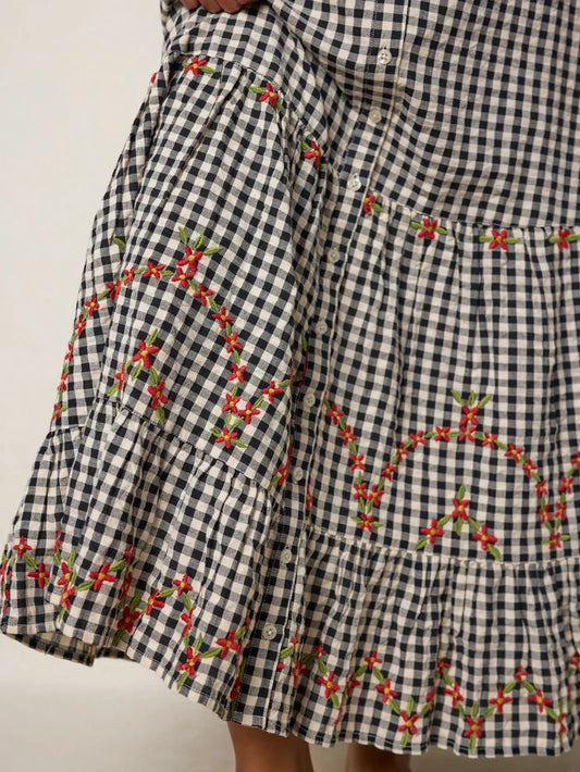 Free Fallin' Embroidered Cotton Maxi Skirt - Black Gingham-view 1
