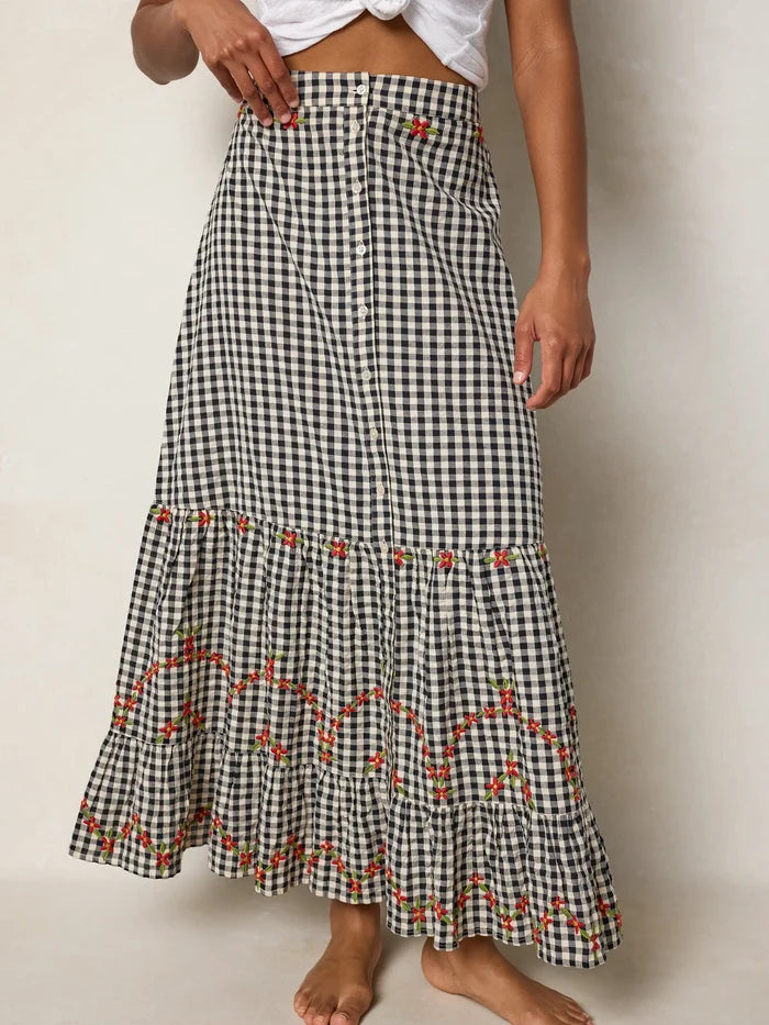 Free Fallin' Embroidered Cotton Maxi Skirt - Black Gingham-view 2