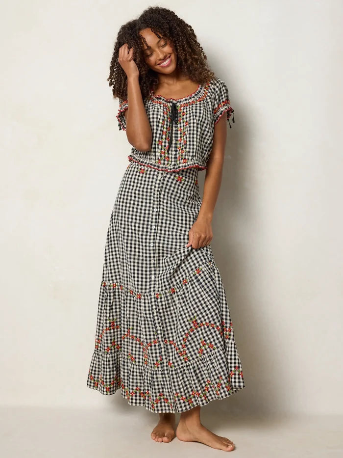 Free Fallin' Embroidered Cotton Maxi Skirt - Black Gingham-view 3