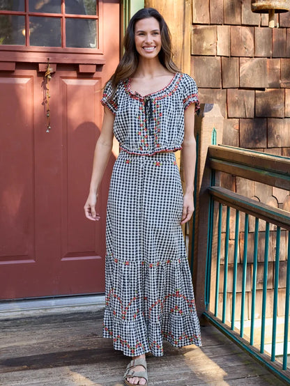 Free Fallin' Embroidered Cotton Maxi Skirt - Black Gingham-view 4