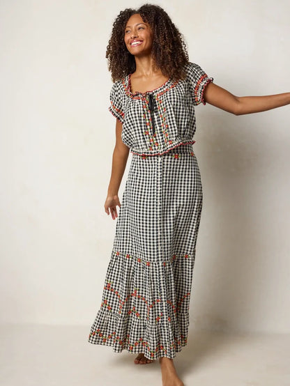 Free Fallin' Embroidered Cotton Maxi Skirt - Black Gingham-view 6