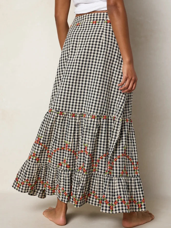 Free Fallin' Embroidered Cotton Maxi Skirt - Black Gingham-view 7