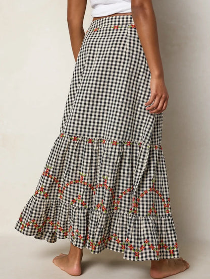 Free Fallin' Embroidered Cotton Maxi Skirt - Black Gingham-view 7