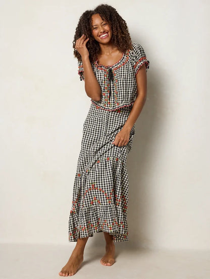 Free Fallin' Embroidered Cotton Maxi Skirt - Black Gingham-view 8