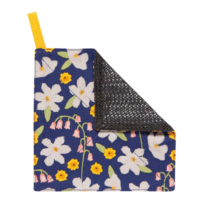 Floral-patterned mat with a yellow handle on a white background