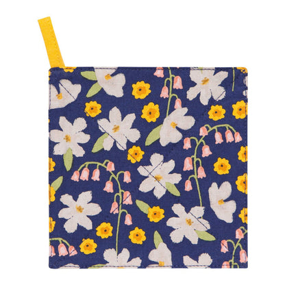 Floral-patterned pouch with a yellow strap on a white background