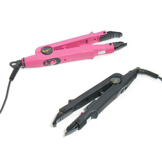 A Perfect Locks Fusion Hair Iron in pink rests on a white surface, with power cord and control buttons for precise Remy extension application.