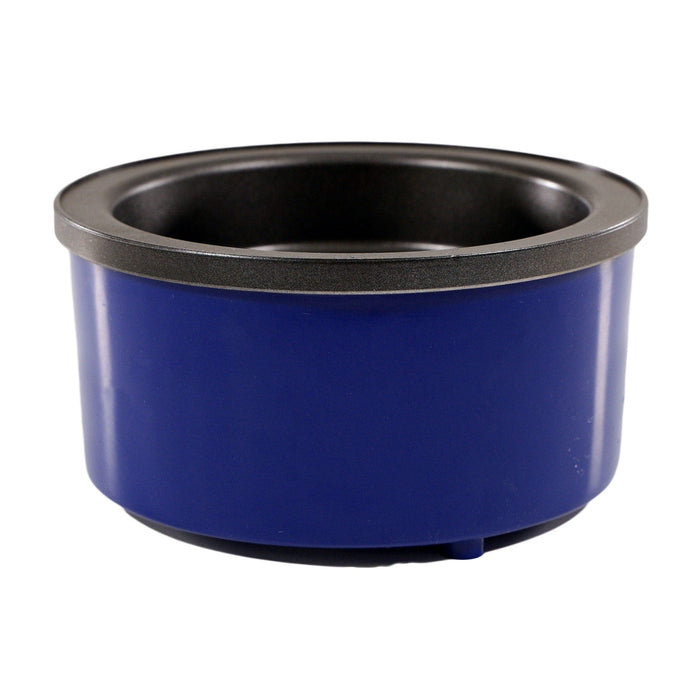 A blue pet food bowl with a black rim, viewed from a slight angle against a white background, perfect for organized pet meals.