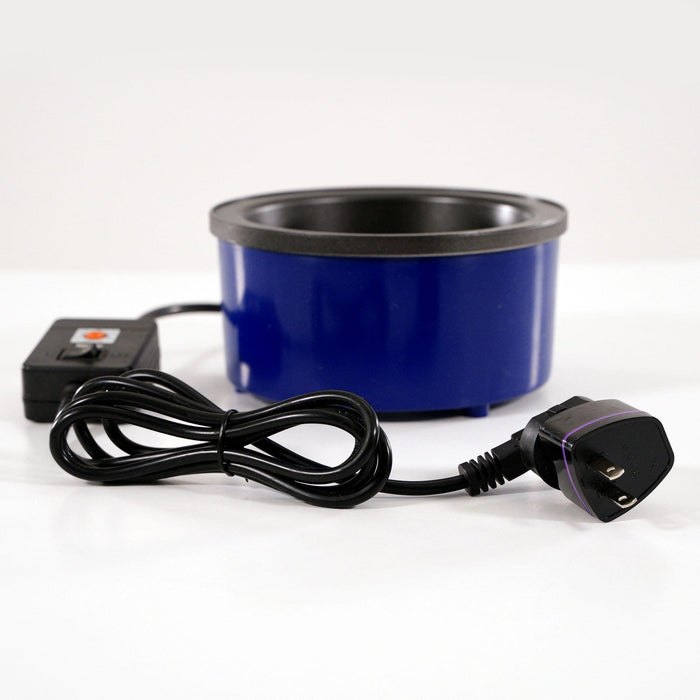 A blue electric heating pot with a black power cord, attached plug, and control switch sits on a white surface for efficient heating.