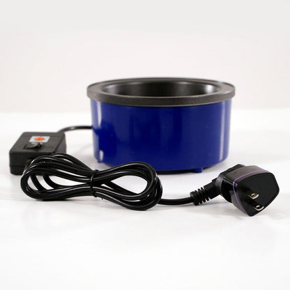 A blue electric heating pot with a black power cord, attached plug, and control switch sits on a white surface for efficient heating.