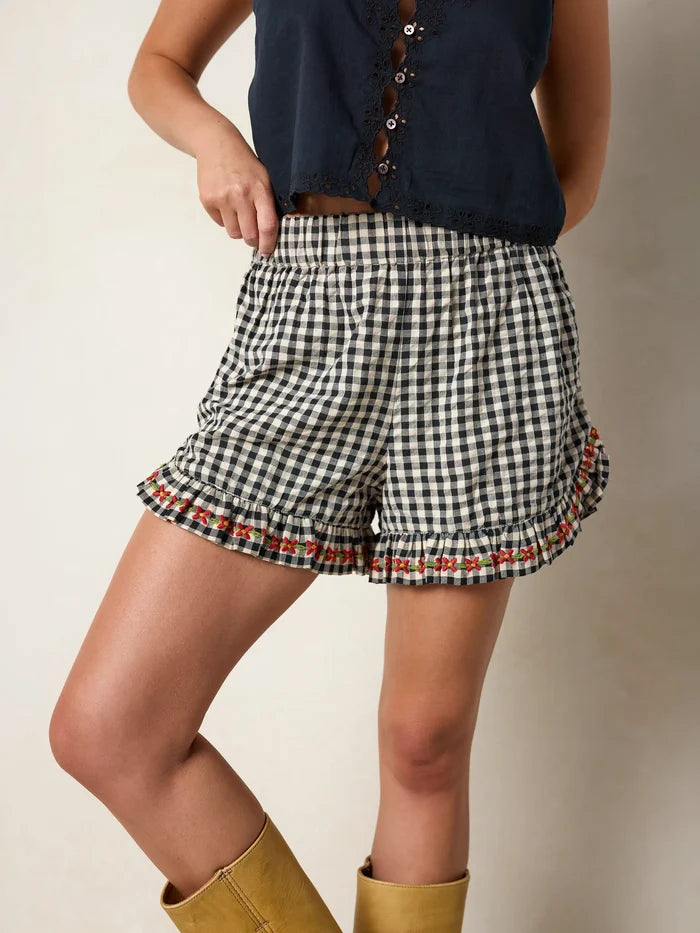 Get Up & Go Embroidered Cotton Shorts - Black Gingham-view 1