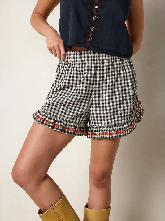 Get Up & Go Embroidered Cotton Shorts - Black Gingham-view 1