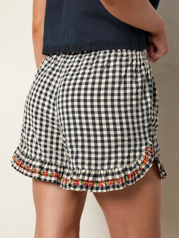 Get Up & Go Embroidered Cotton Shorts - Black Gingham-view 2