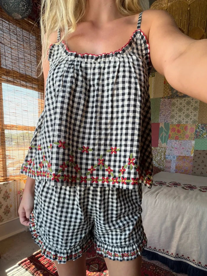 Get Up & Go Embroidered Cotton Shorts - Black Gingham-view 4