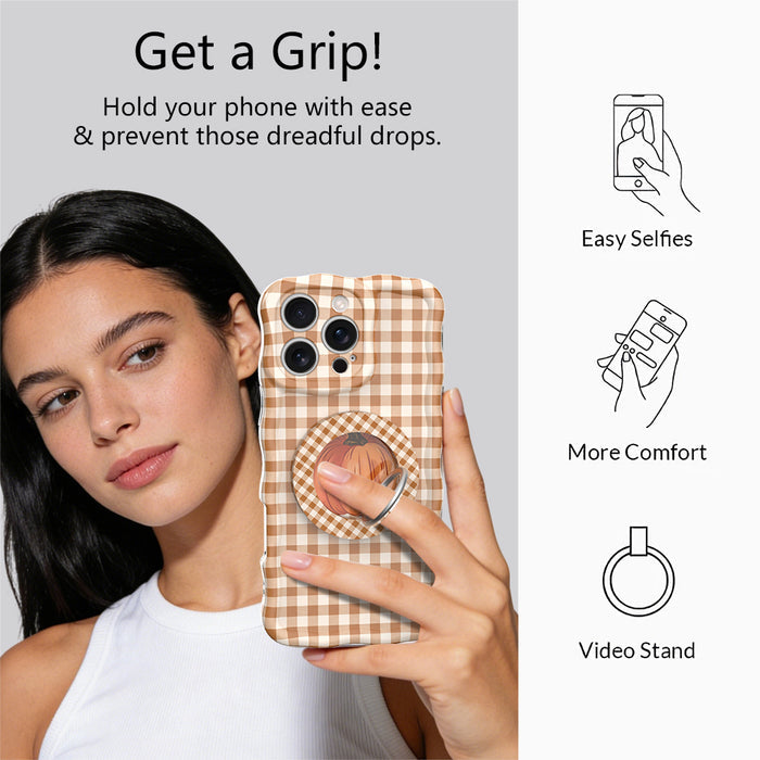 Get a Grip infographic for the Gingham Pumpkin Girly MagSafe grip ring, showing a model holding her gingham print phone one-handed plus easy selfies, added comfort, and video stand uses.
