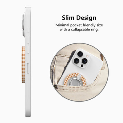 Slim design diagram for the Gingham Pumpkin Girly MagSafe grip ring, showing the low-profile collapsible ring sliding easily into a pocket.