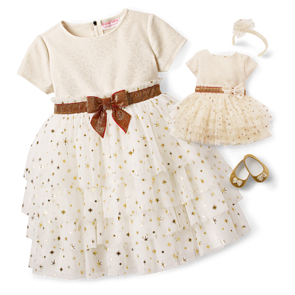 Golden Twinkle Dress for Little Girls & Bitty Baby Dolls