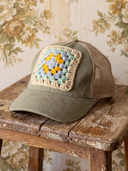 Granny Square Trucker Hat - Green-view 1