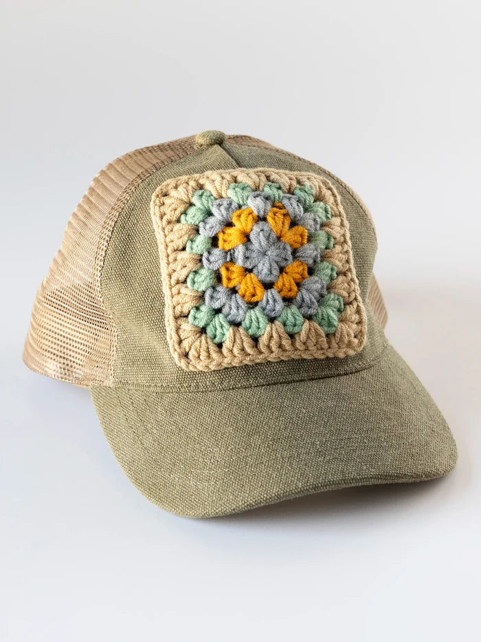 Granny Square Trucker Hat - Green-view 3