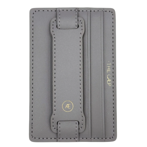 Gray cardholder with brand logo on a white background