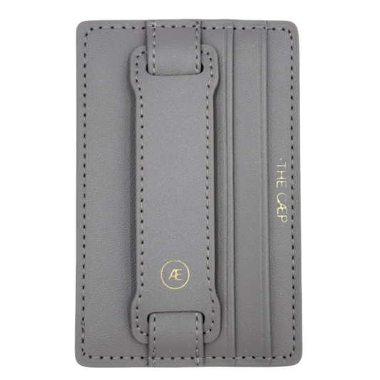Gray cardholder with brand logo on a white background