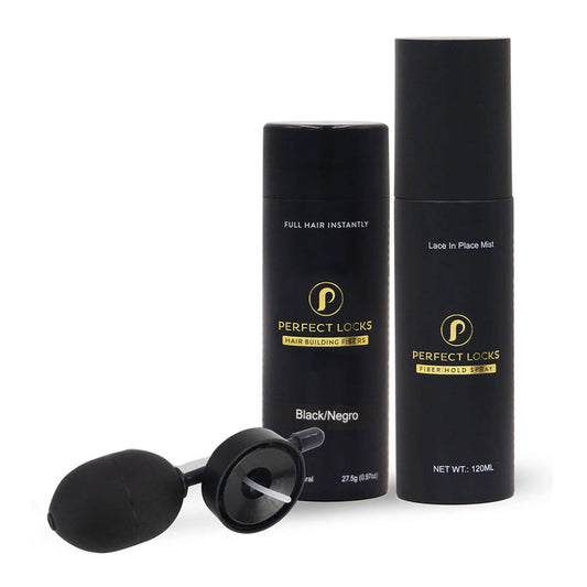 Three hair care essentials from Perfect Locks: black Hair Building Fibers, Lace In Place Mist spray, and a sleek black applicator.