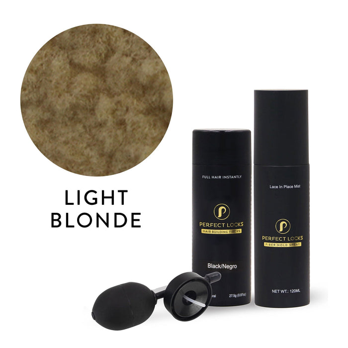 A circular swatch of dark brown hair fiber from Perfect Locks above two black bottles and a small applicator, text Dark Brown nearby.#color_light-blonde