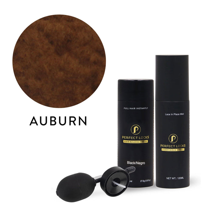 Light Brown hair fibers color sample with LIGHT BROWN text, black bottles of Hair Building Fibers, lace mist, pump, Remy hair extensions.#color_auburn