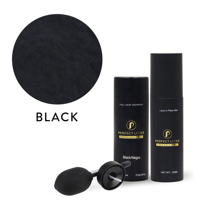 Perfect Locks’ Hair Building Fibers in Dark Blonde with lace in place mist spray, applicator pump, color swatch, and “DARK BLONDE” text.#color_light-brown