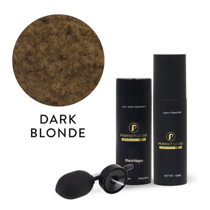 Set of Perfect Locks Hair Building Fibers in black bottle, Lace In Place Mist Spray, applicator, and Medium Blonde Remy sample. Text: MEDIUM BLONDE.#color_dark-blonde