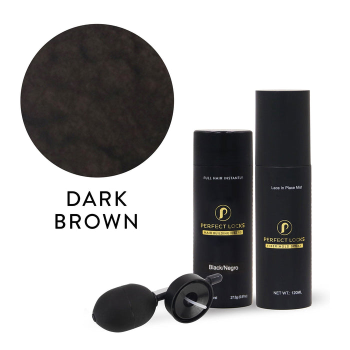 Two black Perfect Locks bottles, a black applicator, and a light blonde swatch labeled LIGHT BLONDE. Hair Building Fibers for hair enhancement and human hair extensions.#color_dark-brown
