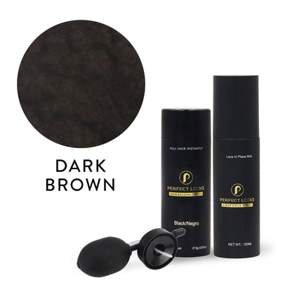 Two black Perfect Locks bottles, a black applicator, and a light blonde swatch labeled LIGHT BLONDE. Hair Building Fibers for hair enhancement and human hair extensions.#color_dark-brown