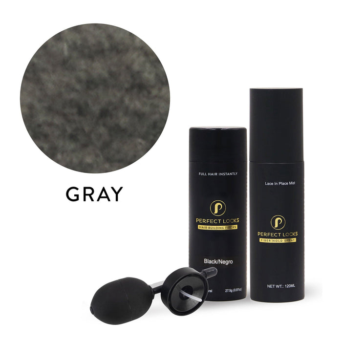 Two auburn Hair Building Fibers bottles by Perfect Locks, a black applicator, and auburn fibers labeled “AUBURN” above the products—perfect for blending with human hair extensions.#color_gray