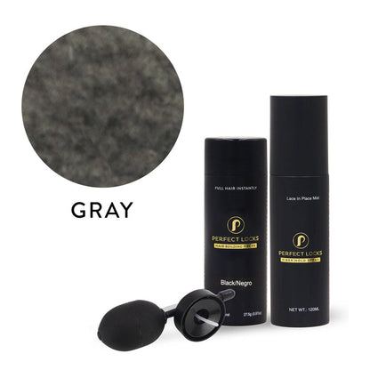 Two auburn Hair Building Fibers bottles by Perfect Locks, a black applicator, and auburn fibers labeled “AUBURN” above the products—perfect for blending with human hair extensions.#color_gray