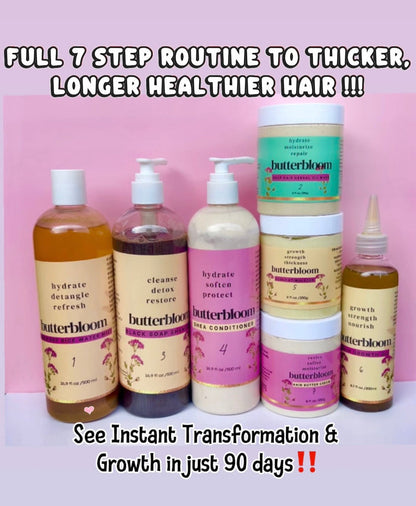 Butterbloom hair growth bundle with Shea butter, ricewater, black soap shampoo, growth oil, and scalp stimulator in a natural hair care routine.