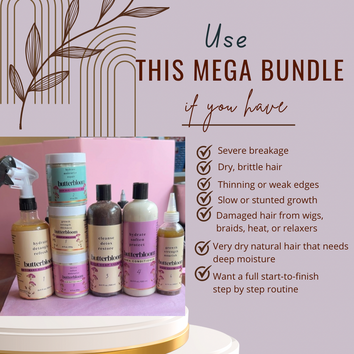 Shea butter, rice water, African Black Soap Shampoo, growth oil, and scalp stimulator in a hair growth bundle by butterbloom.