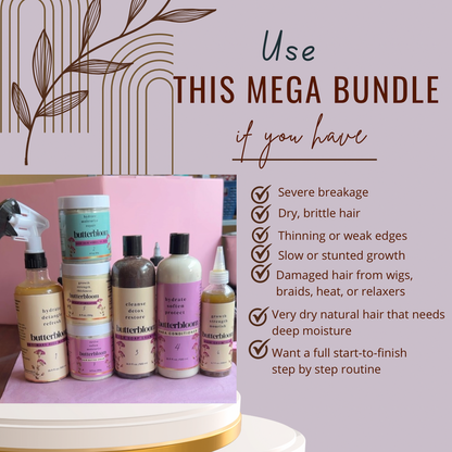 Shea butter, rice water, African Black Soap Shampoo, growth oil, and scalp stimulator in a hair growth bundle by butterbloom.