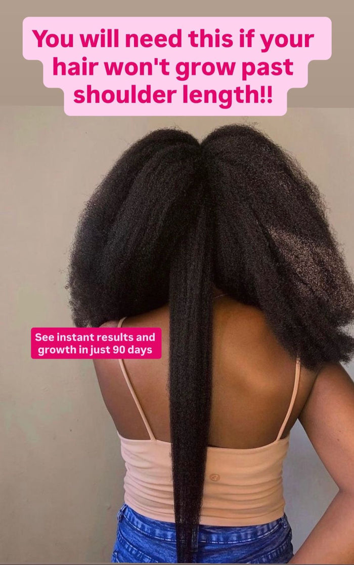 Shea butter, rice water, African black soap shampoo, growth oil, and scalp stimulator in Butterbloom hair growth bundle for natural hair care.
