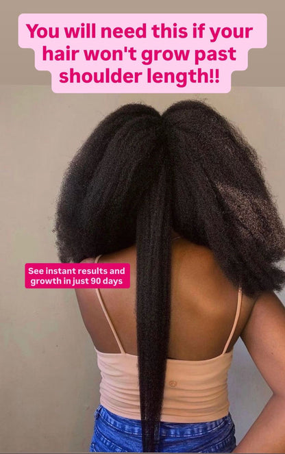 Shea butter, rice water, African black soap shampoo, growth oil, and scalp stimulator in Butterbloom hair growth bundle for natural hair care.