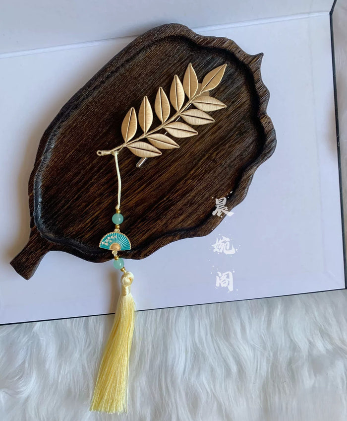 Handmade Chanhua Leaf Branch Brooch with Tassel - Gold Leaf Pin for Women