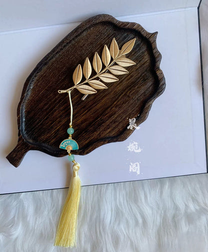 Handmade Chanhua Leaf Branch Brooch with Tassel - Gold Leaf Pin for Women