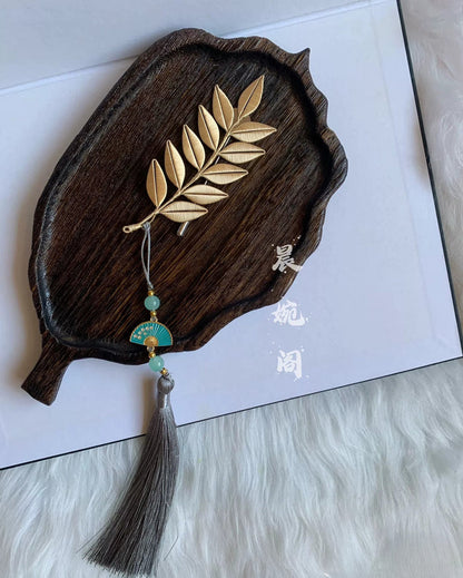 Handmade Chanhua Leaf Branch Brooch with Tassel - Gold Leaf Pin for Women