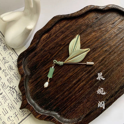 Handmade Chanhua Leaf Brooch - Thread Leaf Pin with Pearl Drop Accent